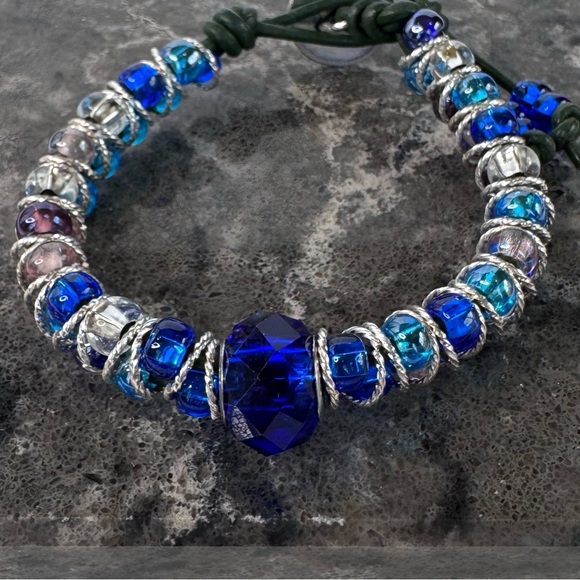 Blue and Purple Leather Wrap Beaded Bracelet with Large Blue Glass Crystal - Picture 1 of 15